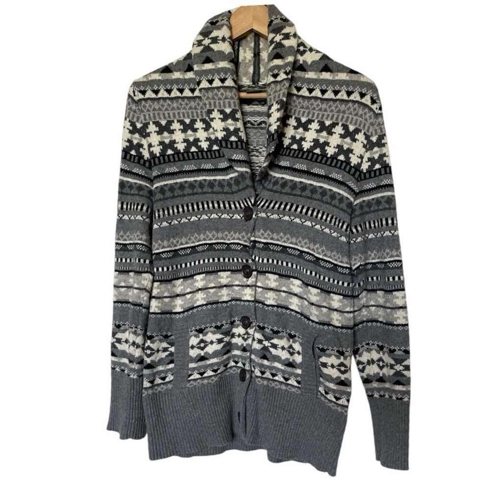 Eddie Bauer Cardigan Mens Small Gray Fair Isle Shawl Collar‎ Cotton Merino Wool